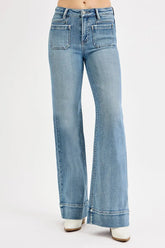 Retro High Rise Wide Flare Patch Pocket Jeans Plus Size Risen